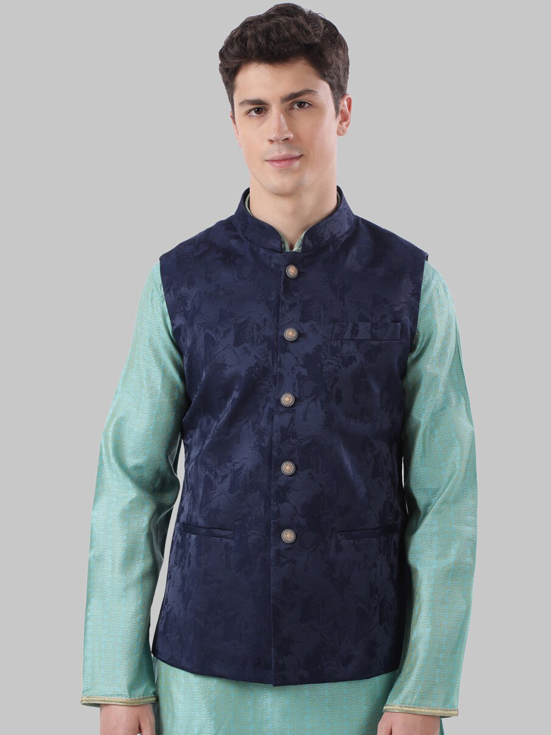 

Ethnix by Raymond Men Navy Blue Woven Design Lightweight Nehru Jacket
