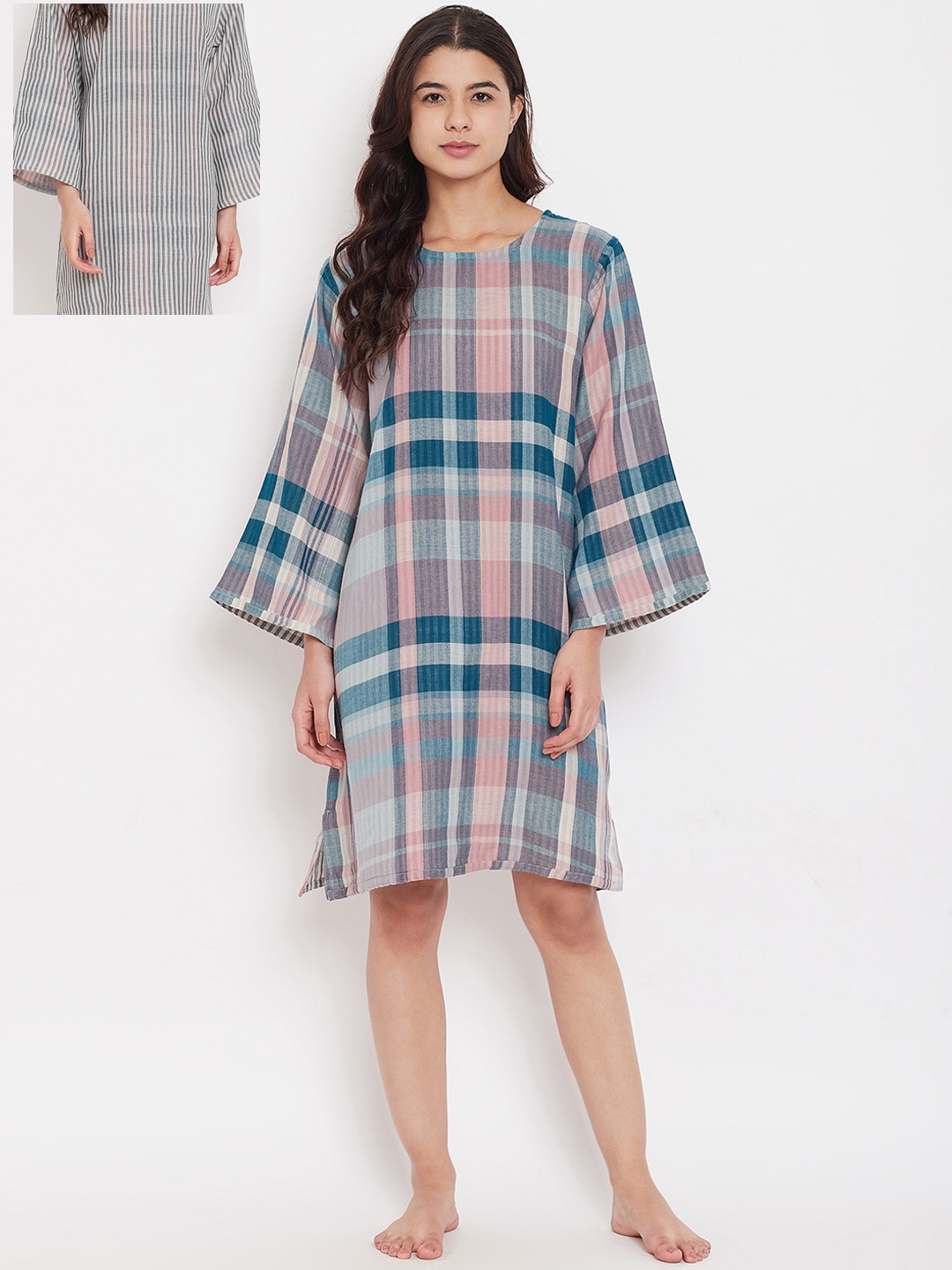 

The Kaftan Company Women Multicoloured Checked Reversible Nightdress, Multi