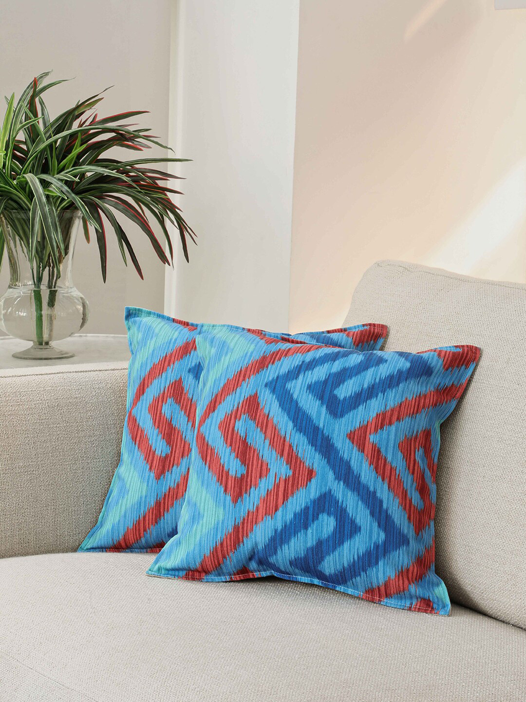

BLUE BOAT Blue & Pink Set of 2 Geometric Square Cushion Covers