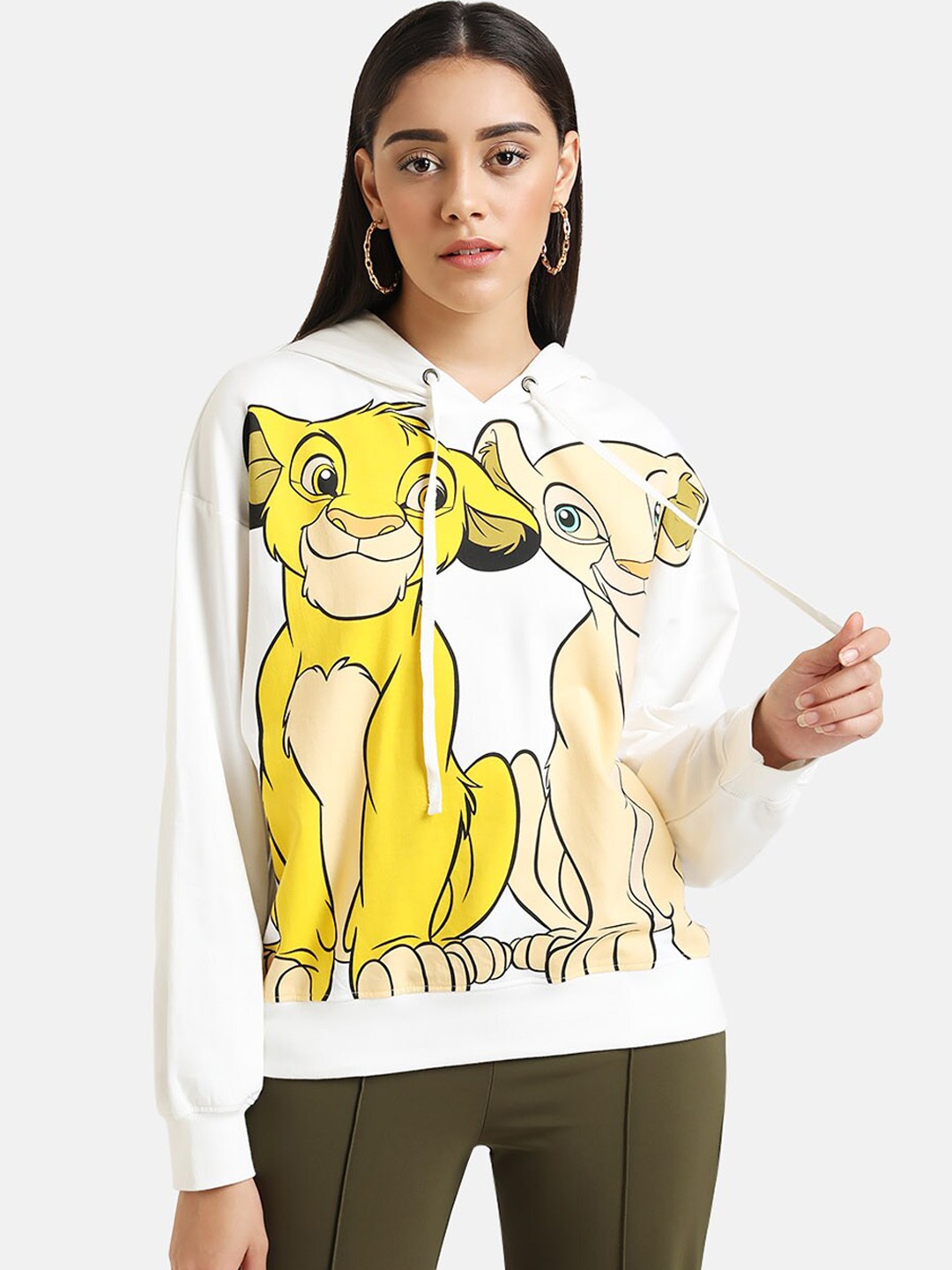 

Kazo Women White & Yellow Printed Hooded Sweatshirt