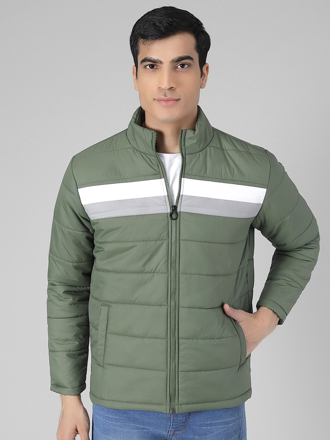 

Kotty Men Olive Green Colourblocked Puffer Jacket