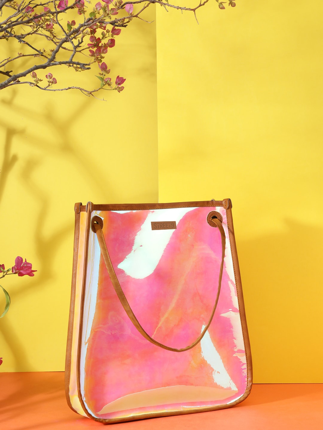 STREET 9 Pink & Yellow Solid Handheld Bag