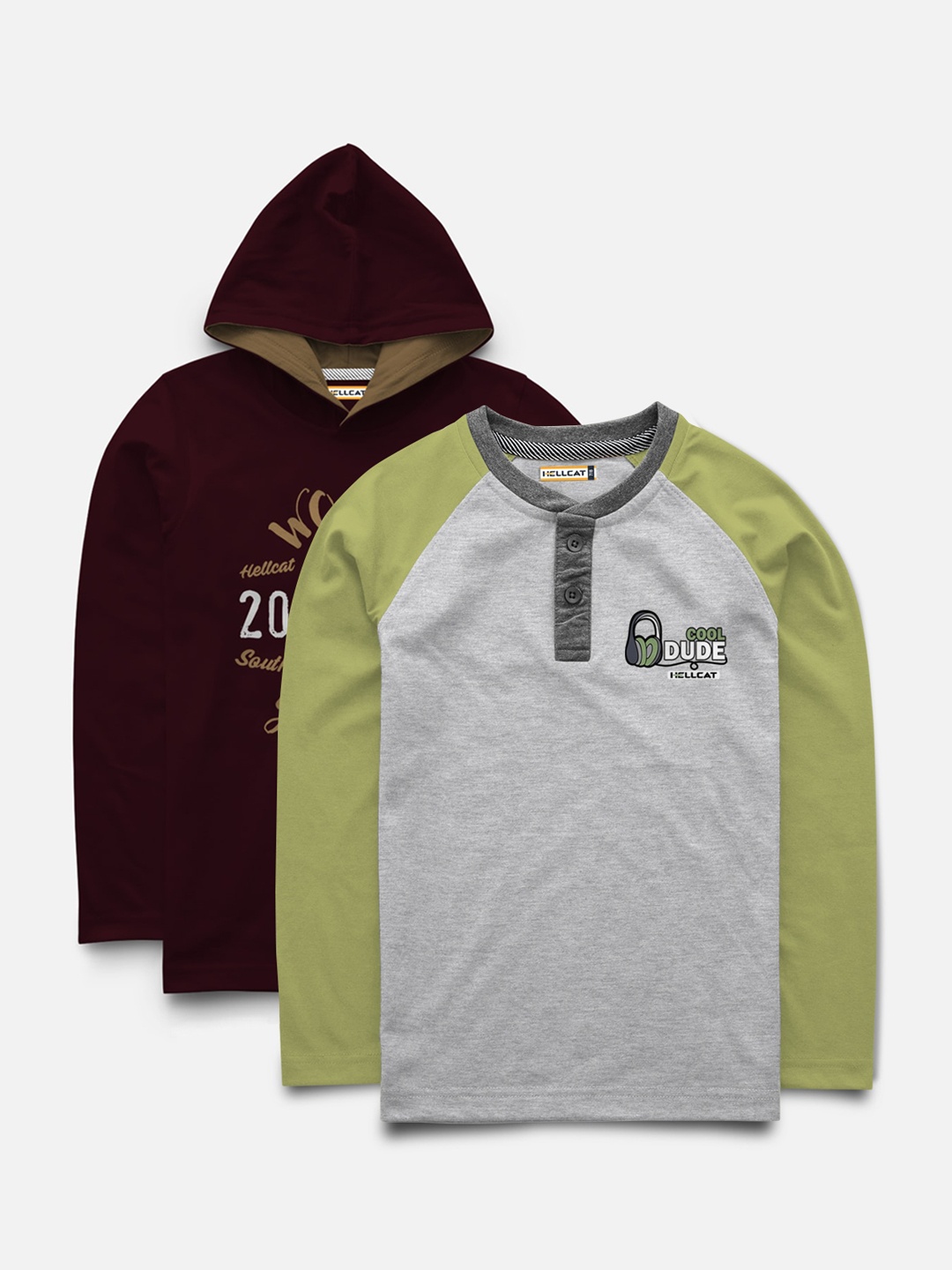 

HELLCAT Boys Maroon & Grey Melange Pack of 2 Colourblocked Henley Neck T-shirt