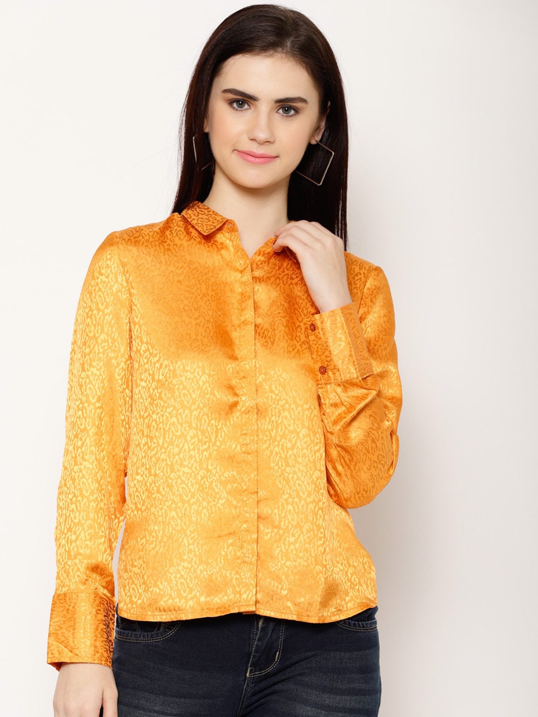 

HOUSE OF KKARMA Women Mustard Regular Fit Self Design Casual Shirt