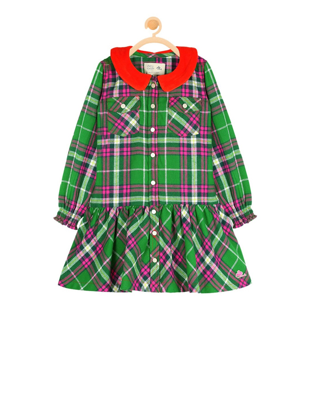 

Cherry Crumble Girls Green Checked Drop-Waist Dress