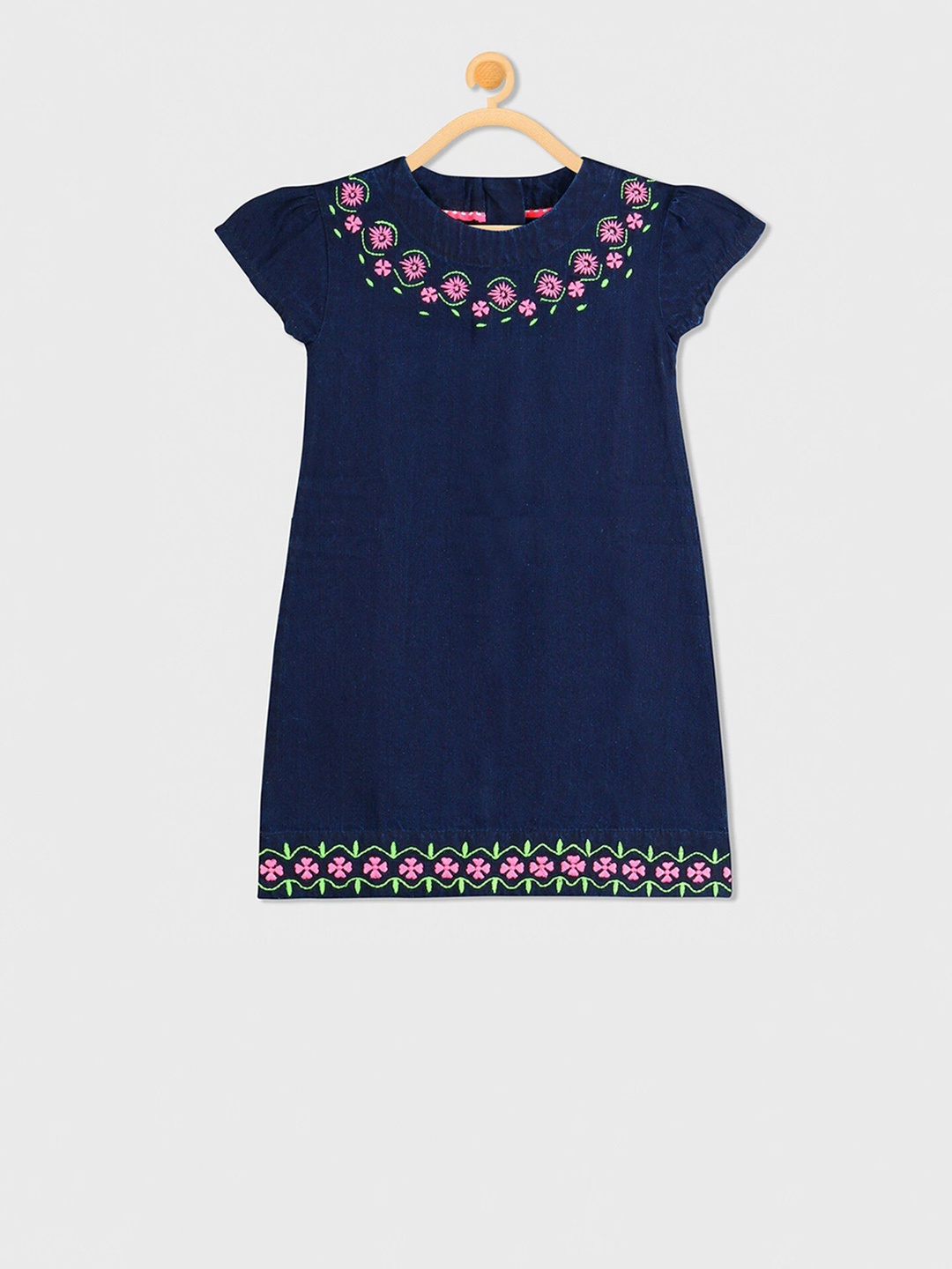 

Cherry Crumble Girls Blue Embroidered Denim A-Line Dress