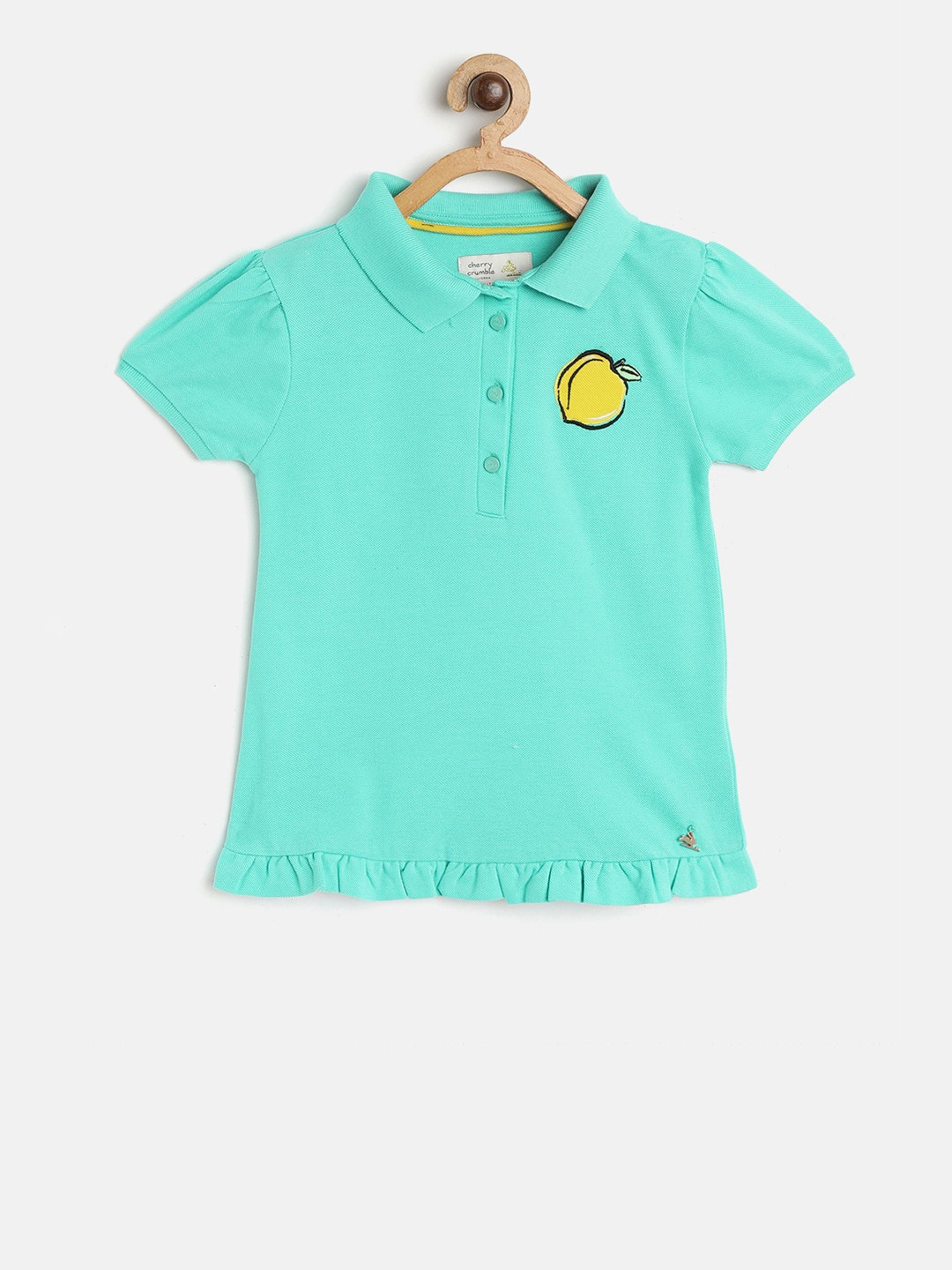 

Cherry Crumble Girls Green Solid Polo Collar T-shirt