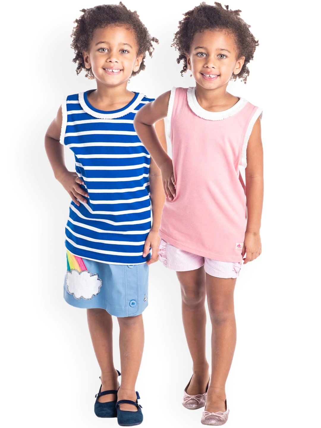 Cherry Crumble Girls Pack Of 2 Navy Blue & Pink Striped Round Neck T-shirts