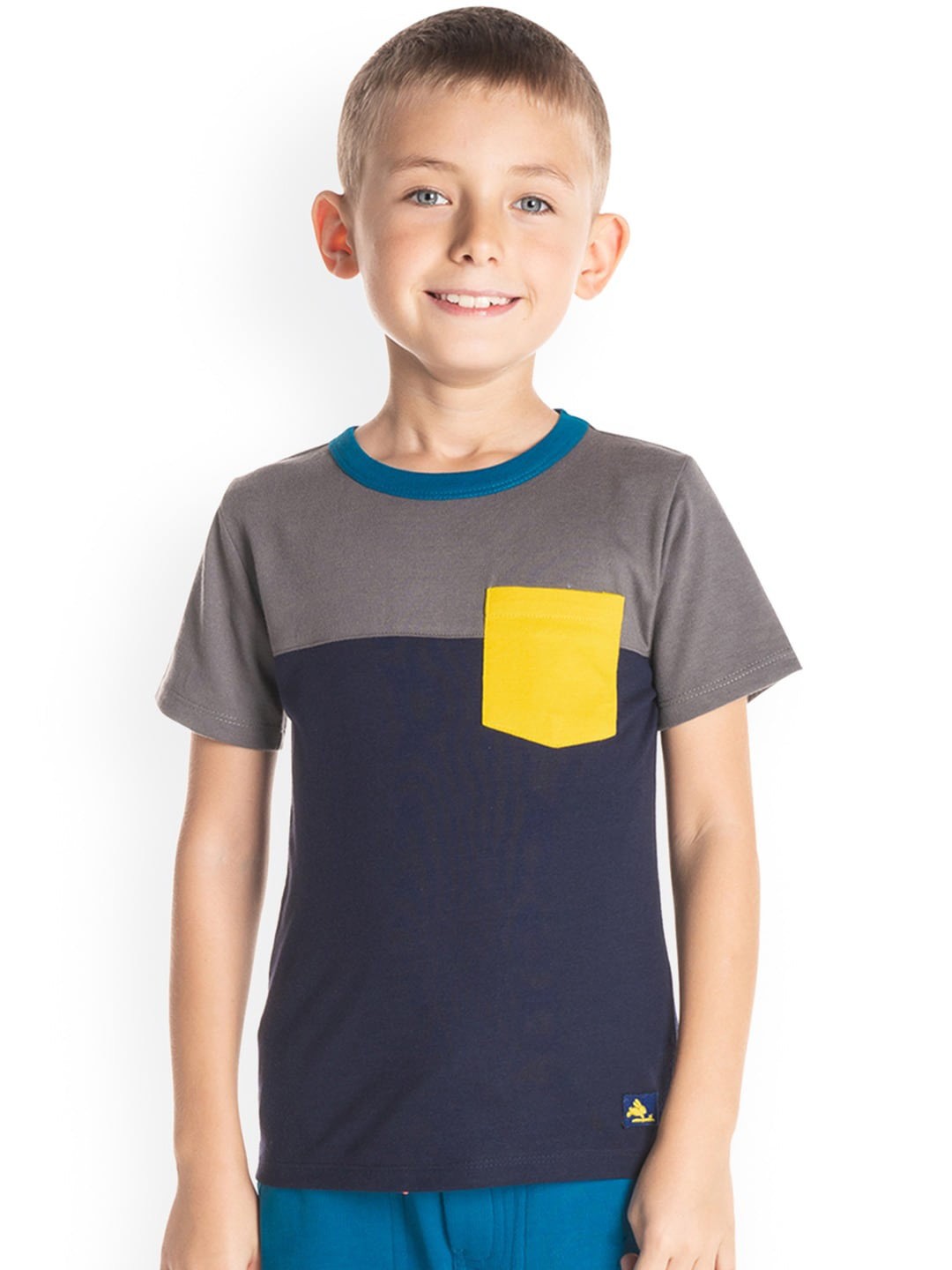

Cherry Crumble Kids Navy Blue Colourblocked Round Neck T-shirt