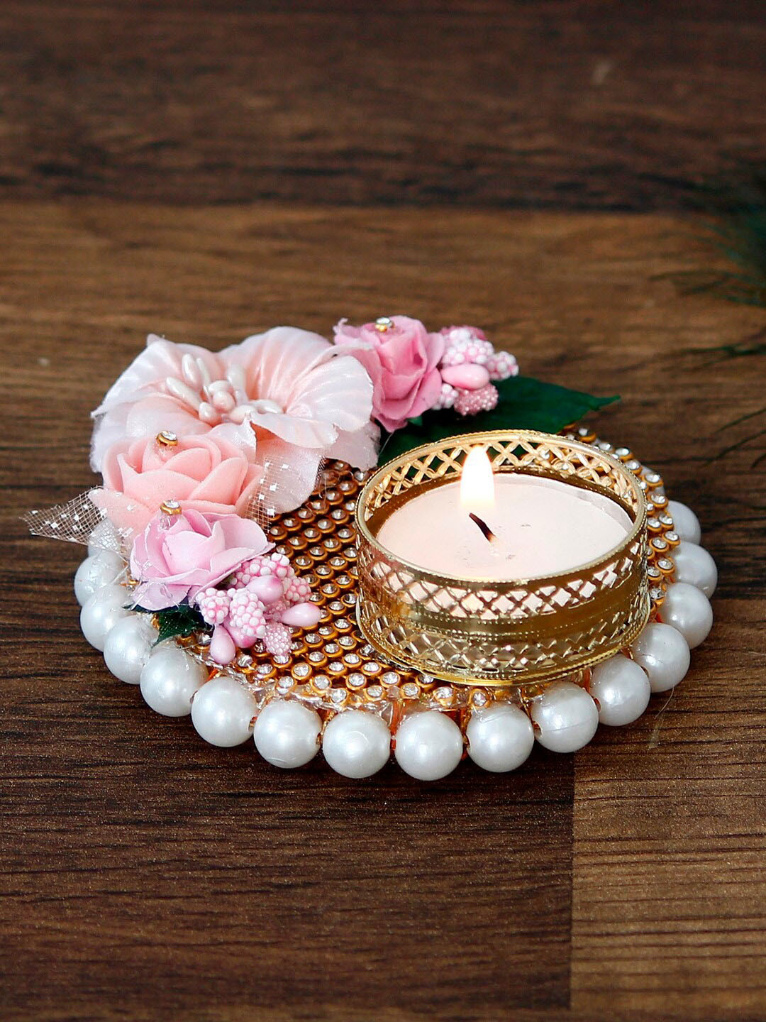

eCraftIndia Pink Decorative Handcrafted Floral Tea Light Holder, Gold