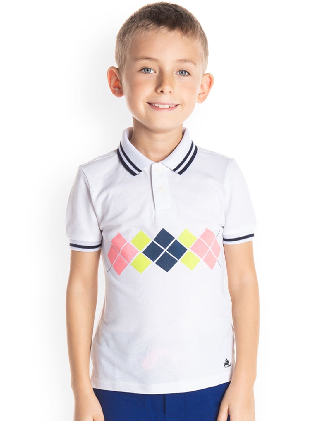 

Cherry Crumble Boys White Printed Polo Collar T-shirt