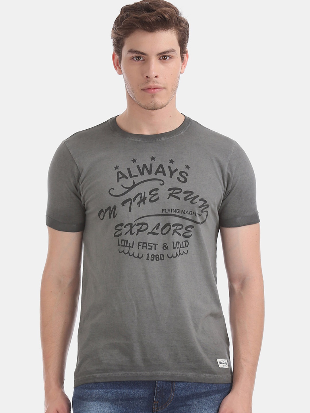 

Flying Machine Men Grey Black Printed Pure Cotton T-shirt