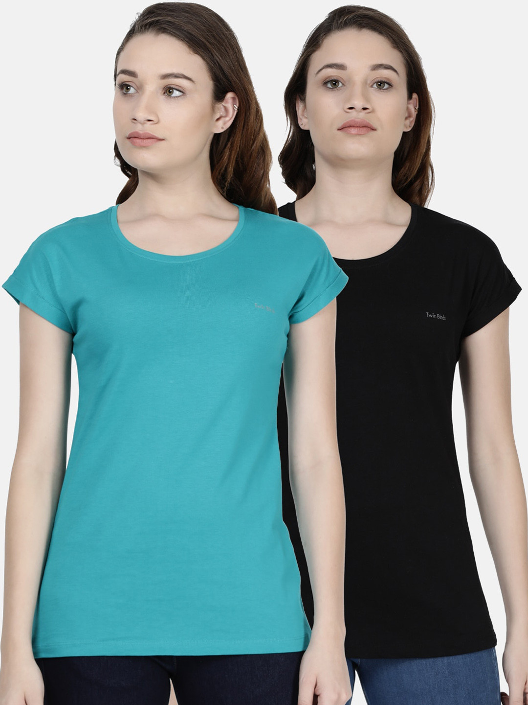 

TWIN BIRDS Women Pack Of 2 Green Black Solid Relaxed Fit Pure Cotton T-shirts