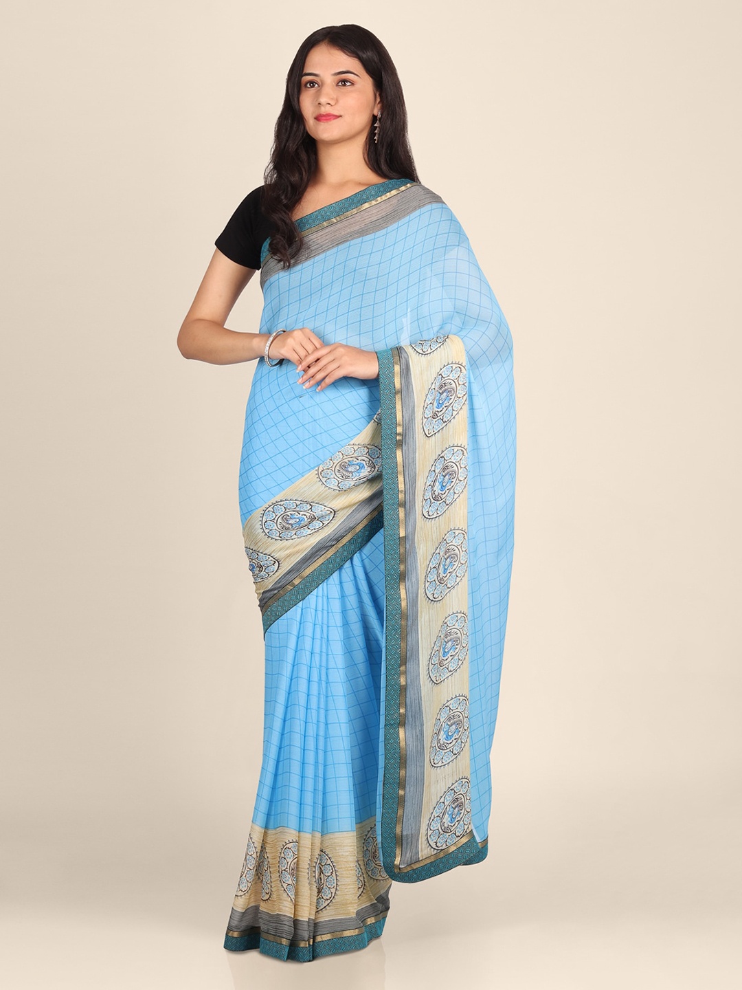 

CLAI WORLD Blue Checked Poly Georgette Saree