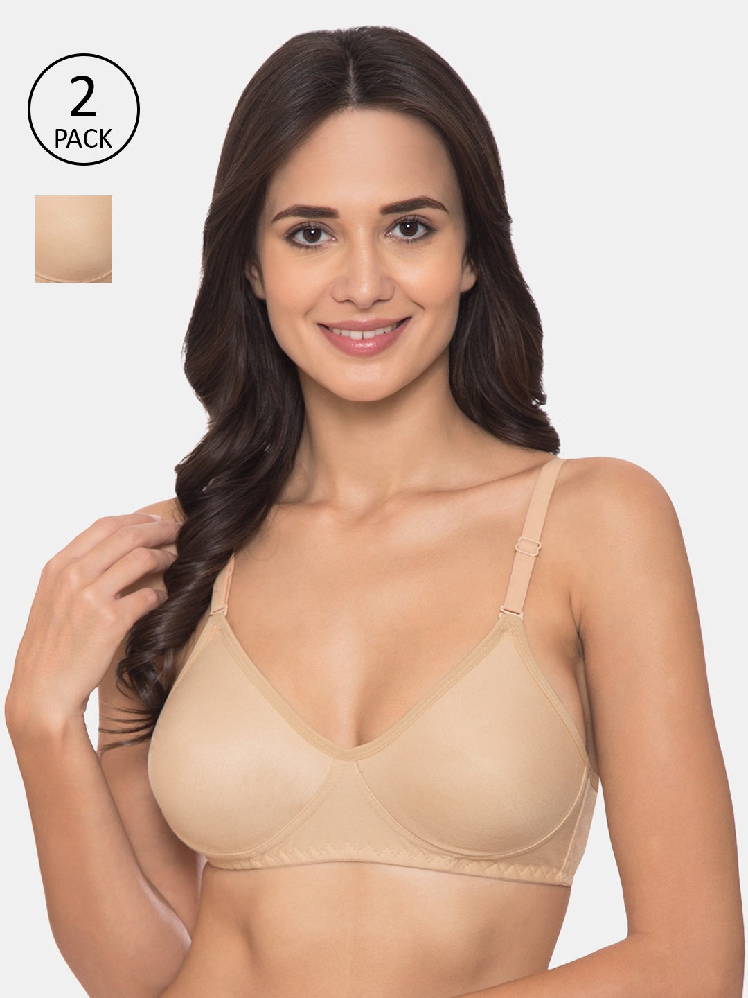 

KOMLI Beige Pack Of 2 Solid Non-Wired Non Padded Everyday Bra