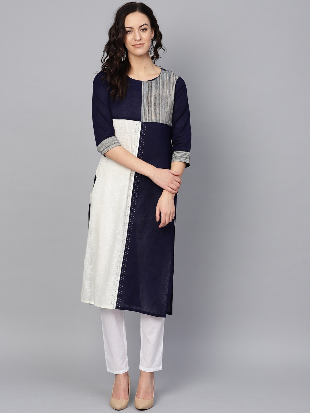 

KSUT Women Navy Blue & Off-White Colourblocked A-Line Kurta