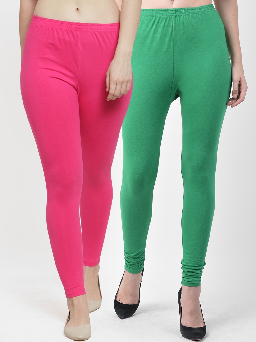 

GRACIT Women Pack Of 2 Pink & Green Solid Churidhar Length Leggings
