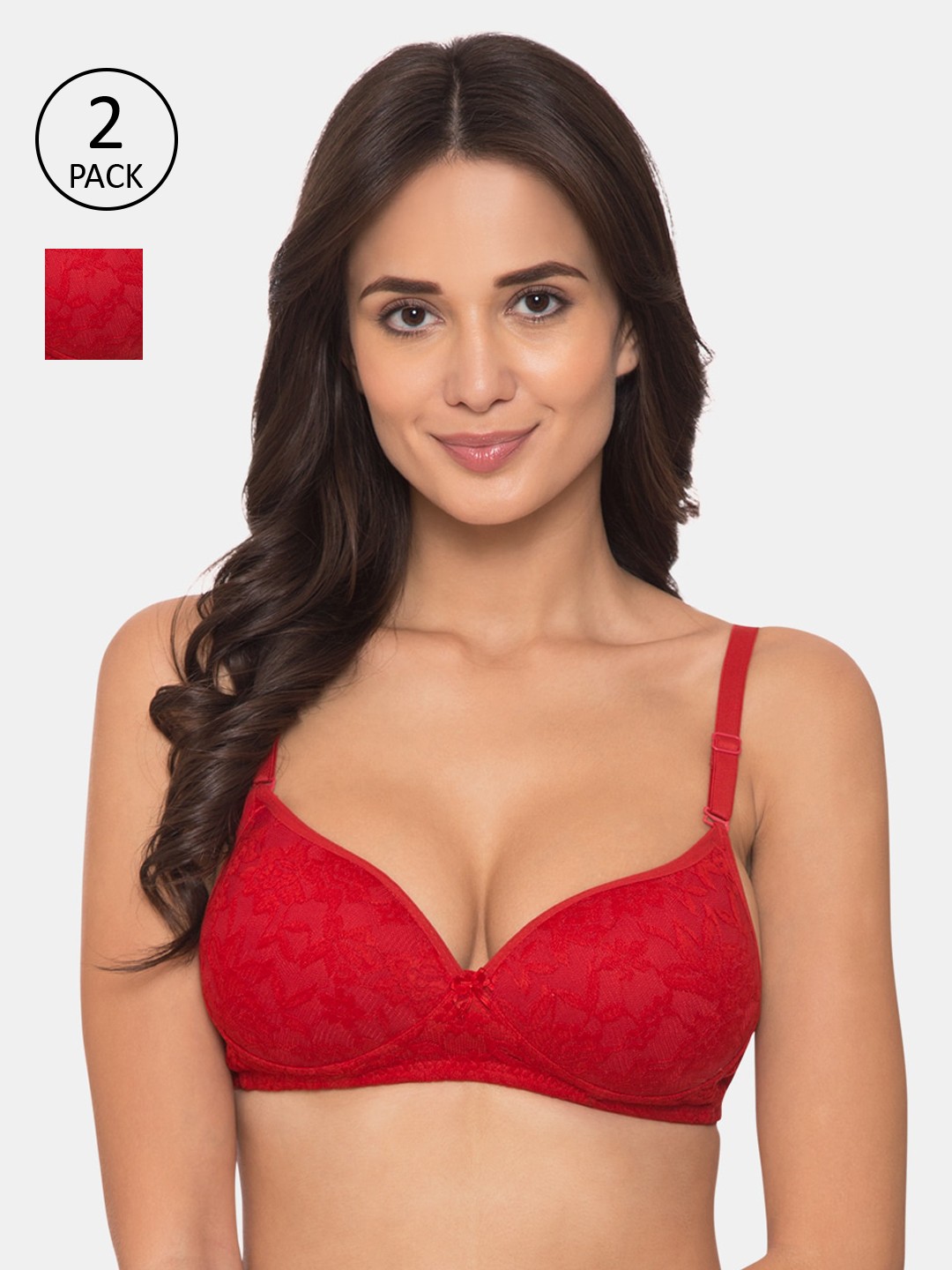 

KOMLI Pack of 2 Red Solid Non-Wired Lightly Padded T-shirt Bras K-9531-2PC-RD-30B