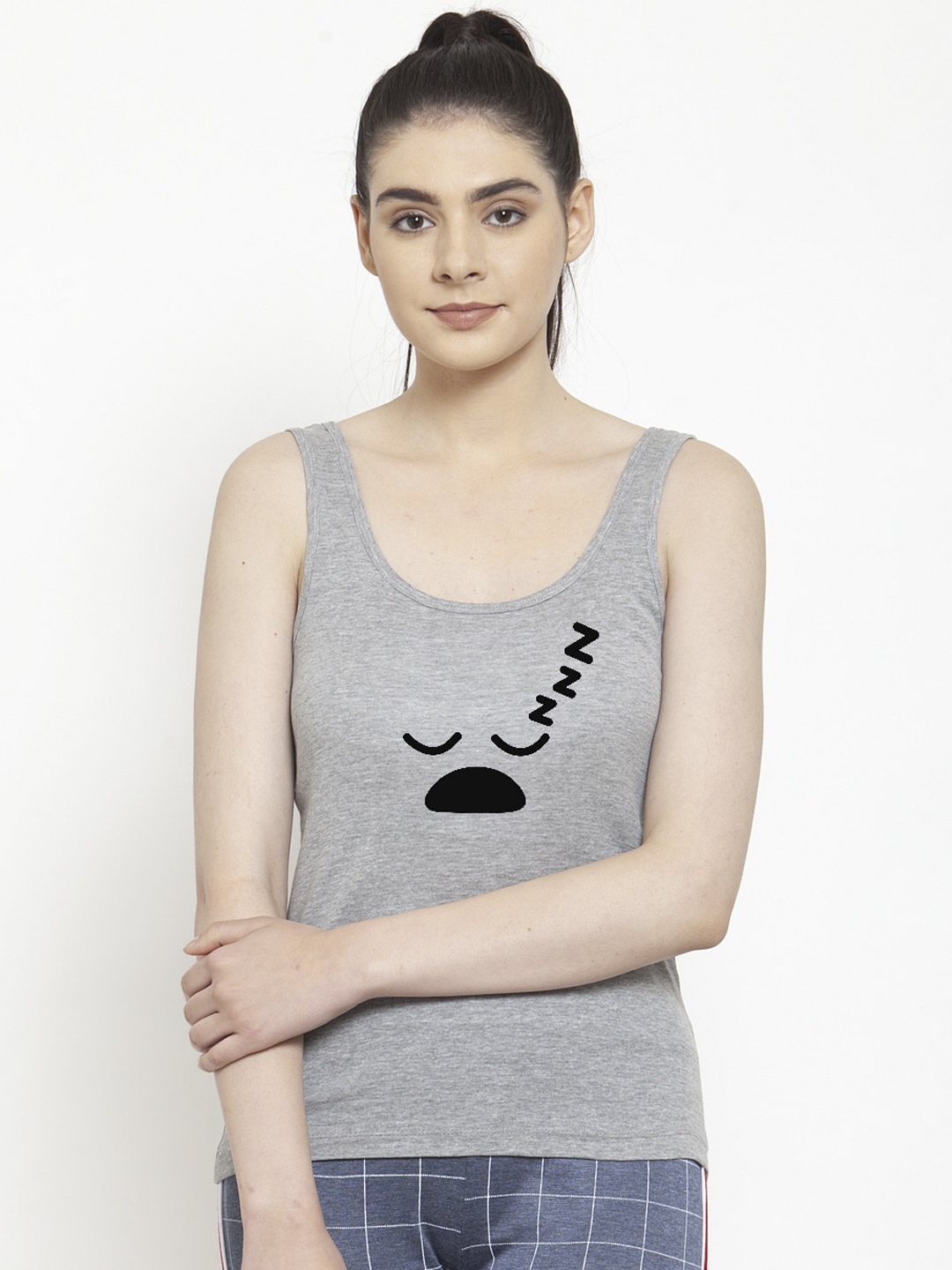 

Friskers Women Grey Printed Tank Pure Cotton Top