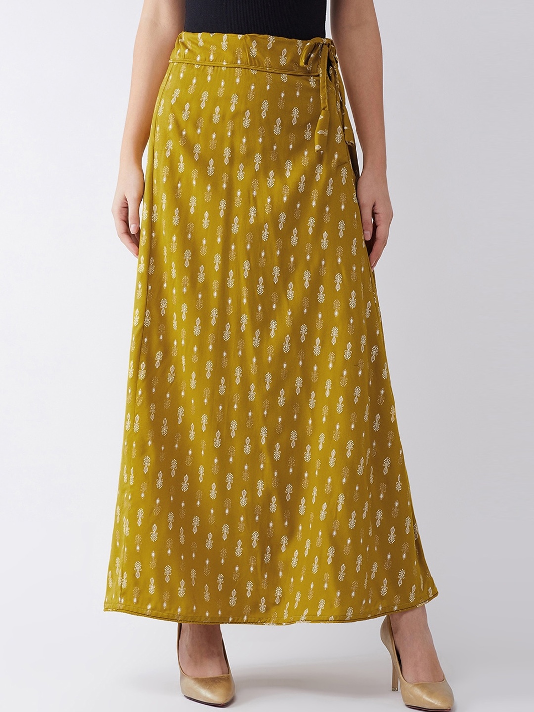

InWeave Women Mustard Yellow Printed Flared Maxi Skirt