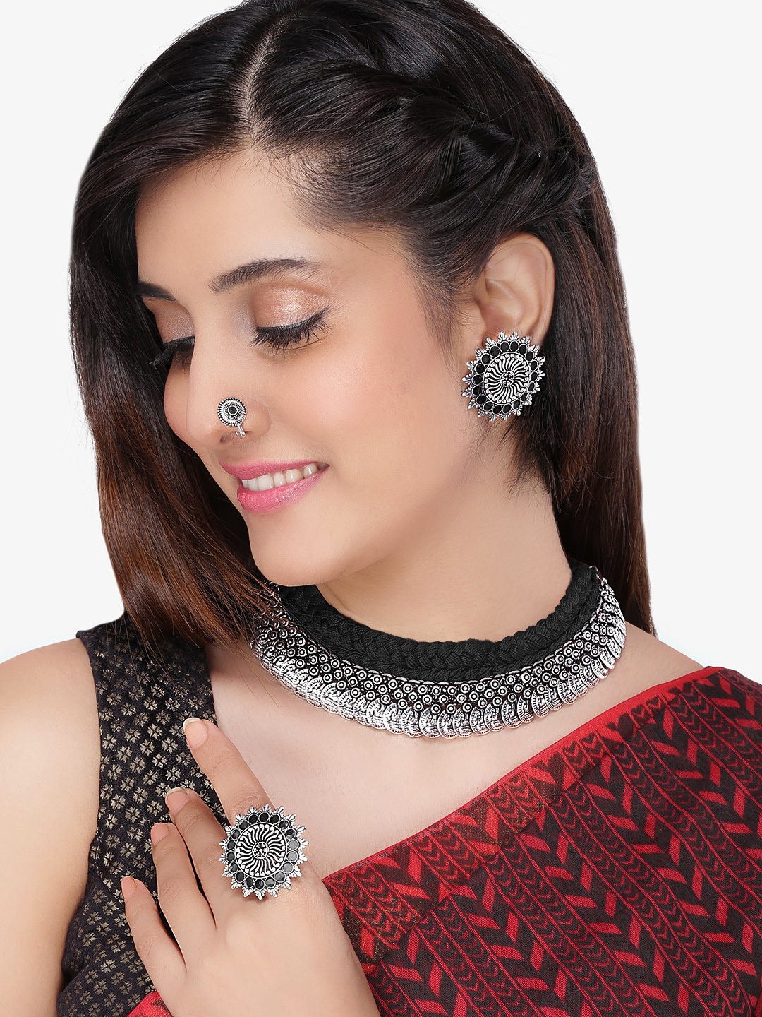 

Yellow Chimes Silver-Plated German Silver Oxidized Jewellery Set