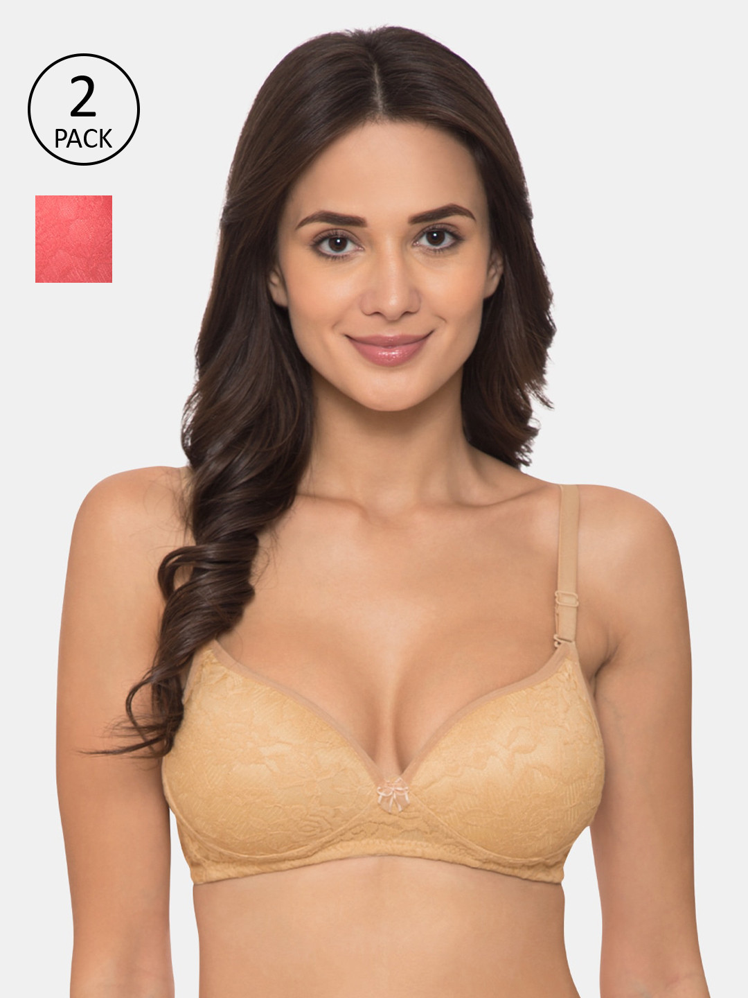 

KOMLI Pack of 2 Solid Non-Wired Heavily Padded T-shirt Bra K-9531-SK, Beige