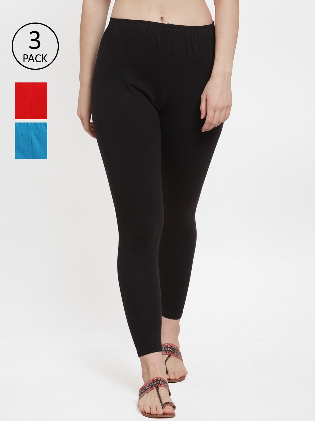 

GRACIT Women Pack of 3 Black & Turquoise Blue Solid Ankle-Length Leggings
