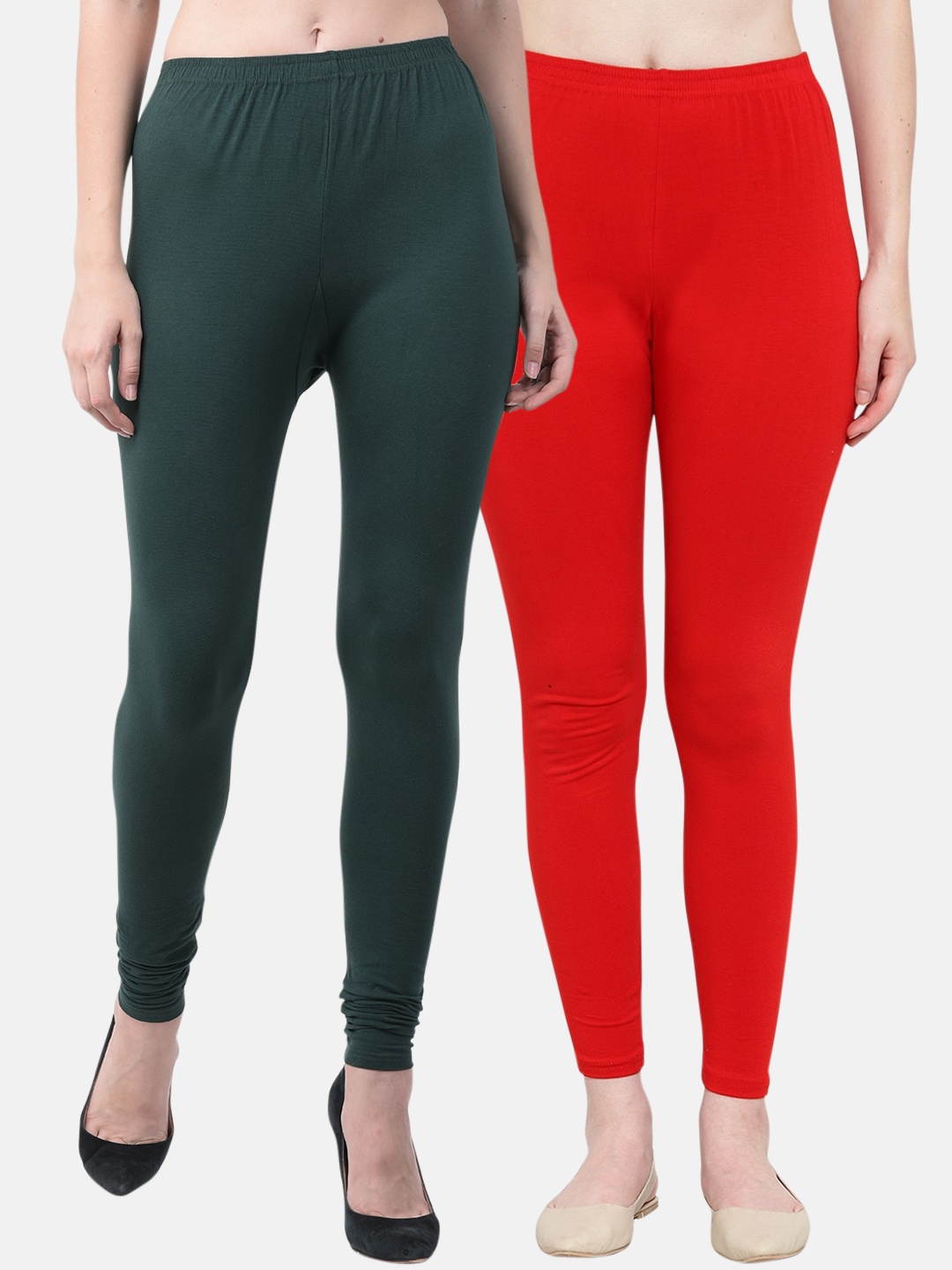 GRACIT Women Pack Of 2 Red & Green Solid Churidhar Length Leggings