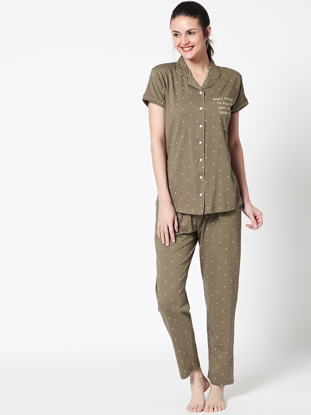 

Zeyo Women Brown Polka Dot Printed Night suit