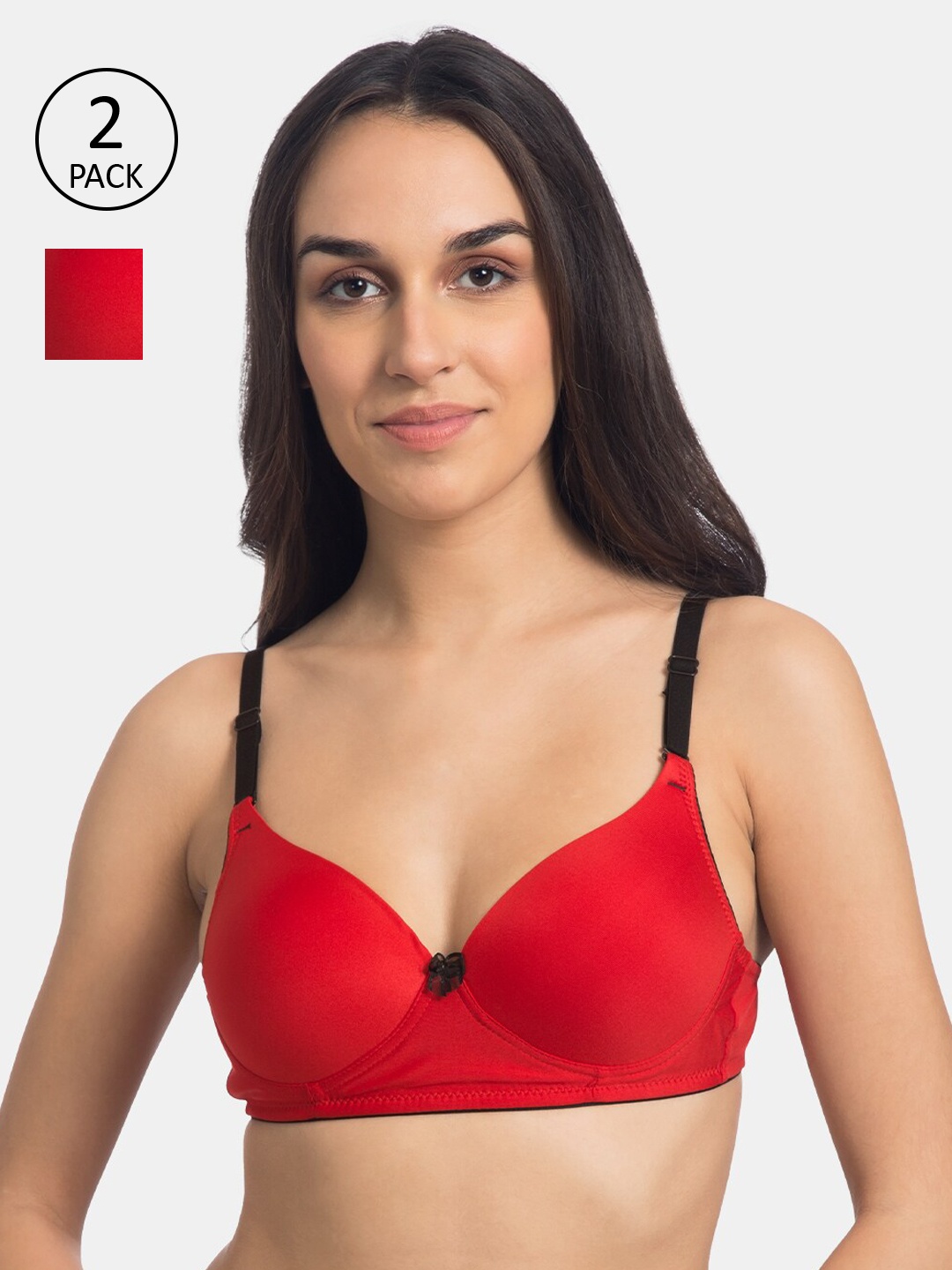 

KOMLI Pack of 2 Red Solid Non-Wired Lightly Padded Push-Up Bra K-9811