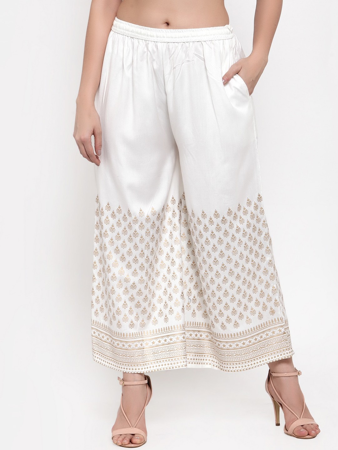 

Miaz Lifestyle Women White & Gold-Toned Printed Straight Palazzos
