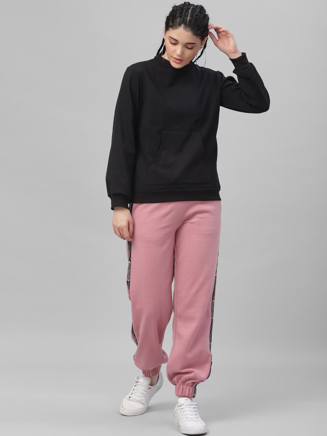 

Athena Women Pink & Black Solid Sweatshirt with Joggers