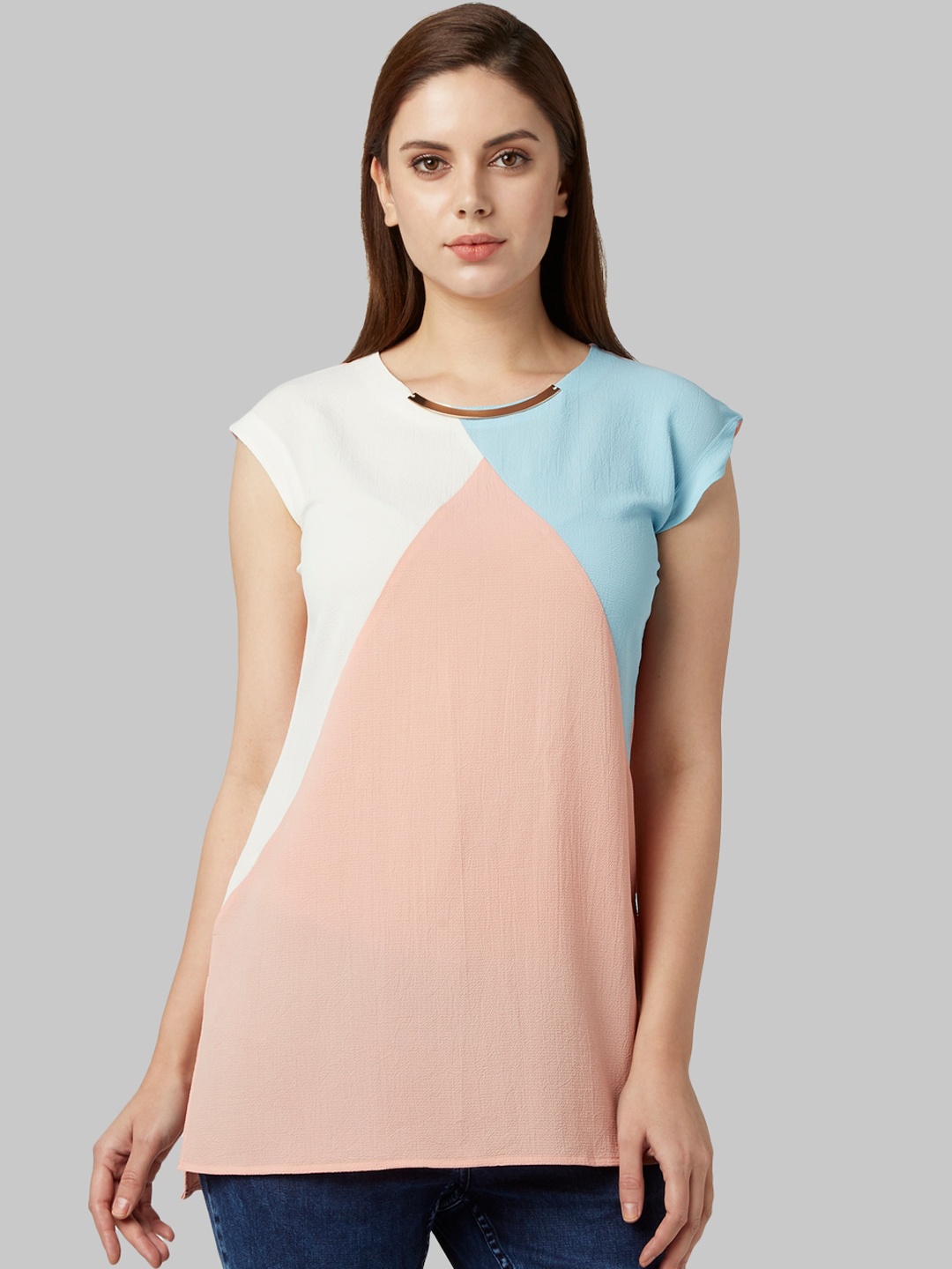 

Park Avenue Women Peach & Blue Colourblocked Top