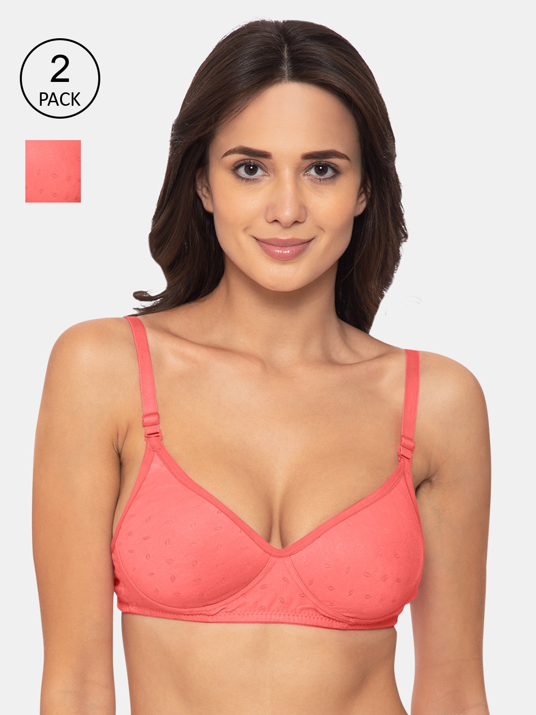 

KOMLI Pack of 2 Coral Orange Solid Non-Wired Lightly Padded Everyday Bras K-558-CRL-30B