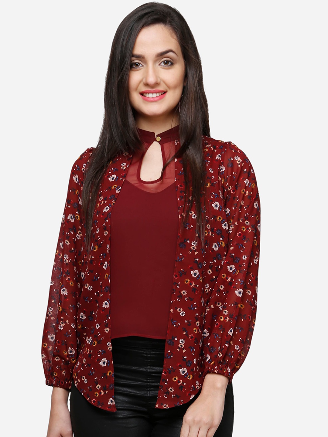 

V&M Women Maroon Floral Printed Layered Top