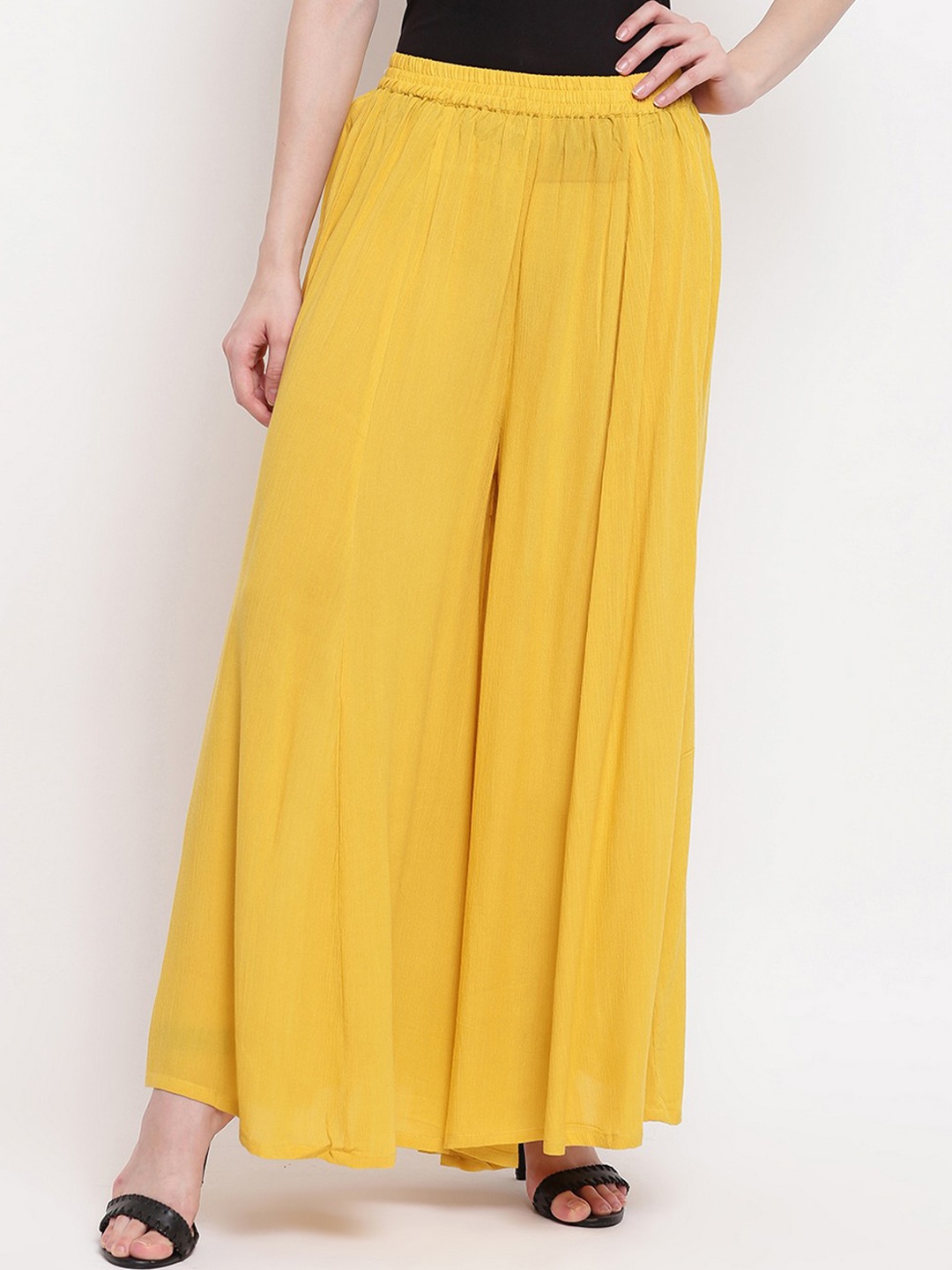 

RIVI Women Yellow Solid Woven Flared Palazzo