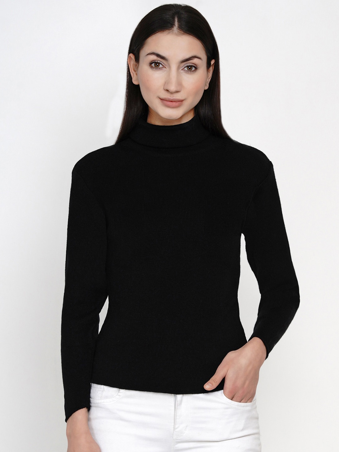 

FABNEST Women Black Ribbed Pullover Sweater