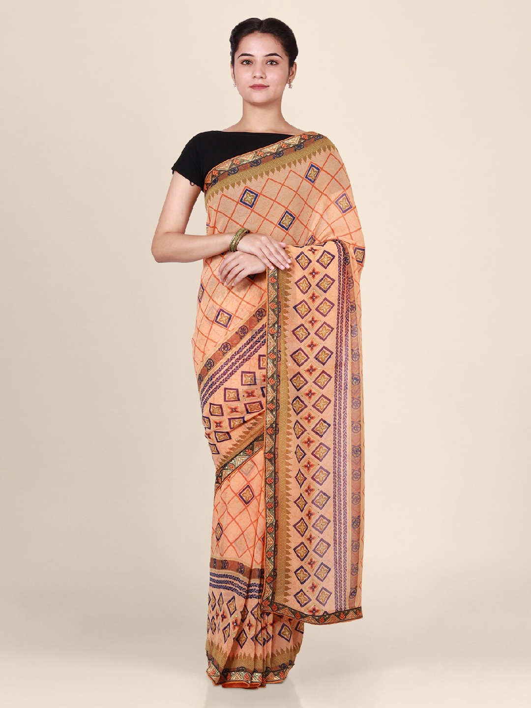 

CLAI WORLD Peach-Coloured & Brown Poly Georgette Printed Saree
