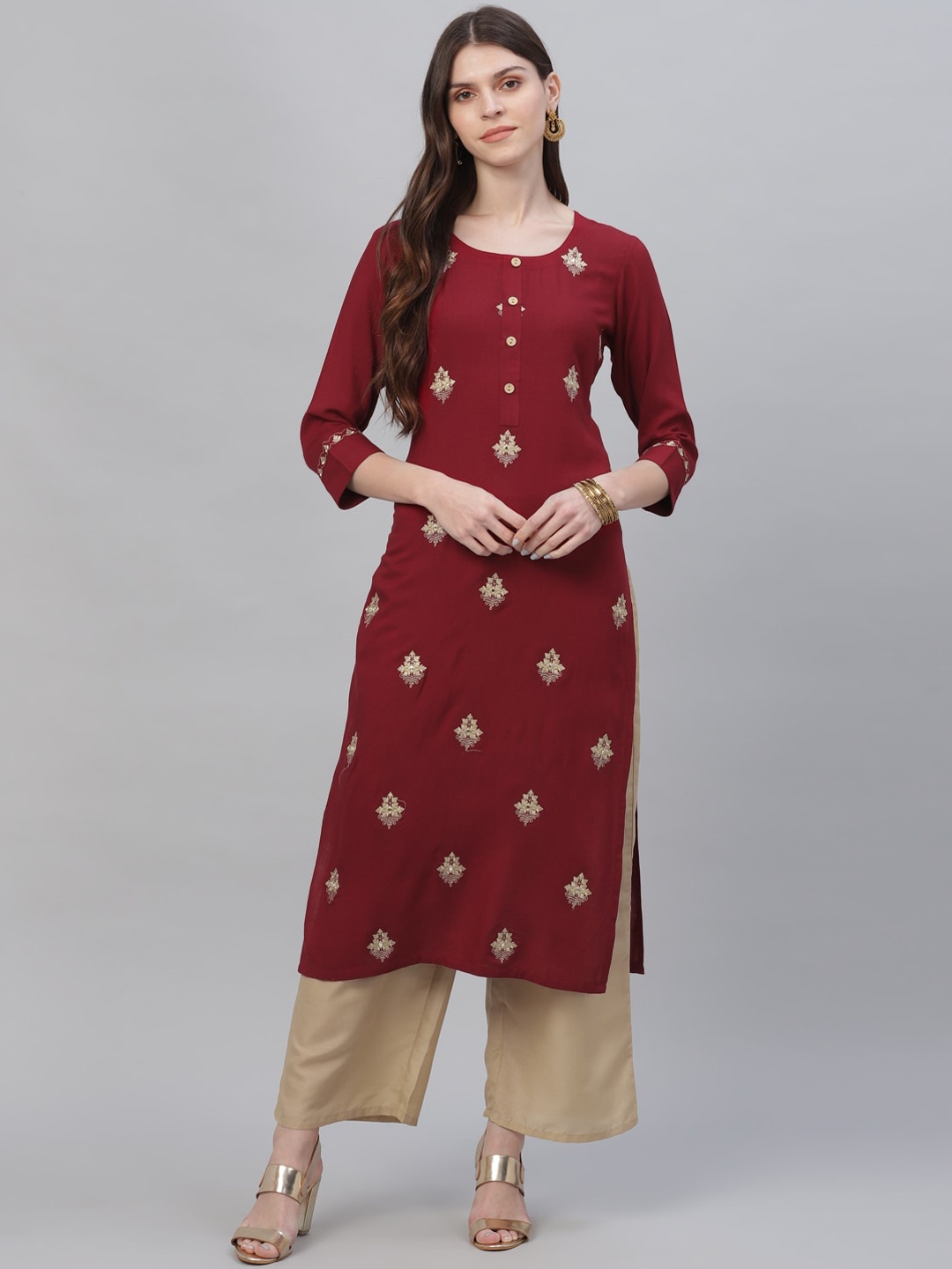 

Libas Women Maroon Floral Embroidered Regular Kurta with Palazzos