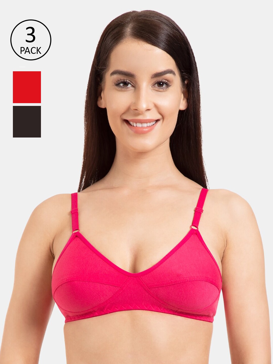 

KOMLI Pack Of 3 Solid Non-Wired Non Padded T-shirt Bras K-9116-DPK-RD, Pink
