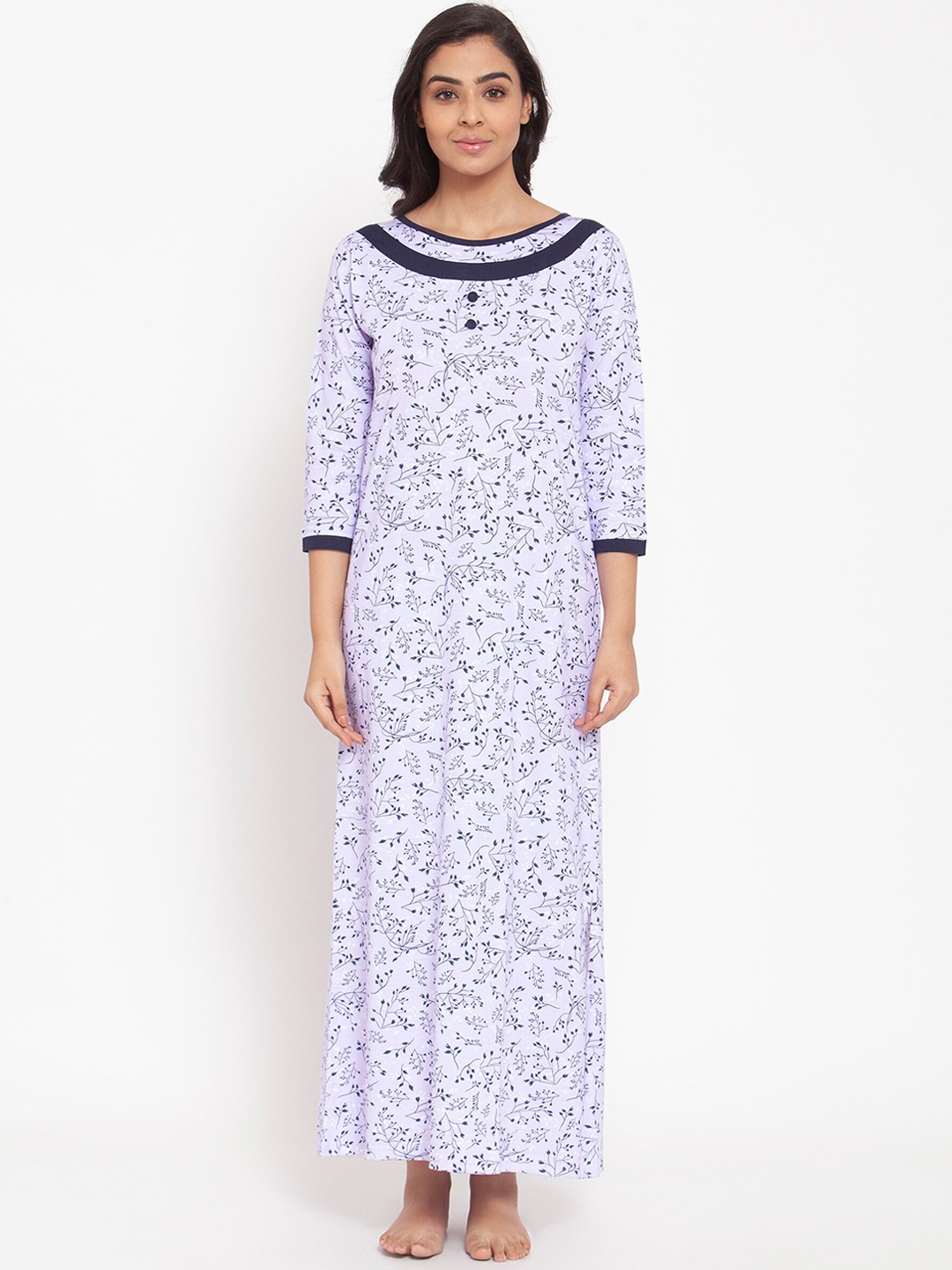 

Claura Purple & Navy Blue Printed Nightdress Cot-206