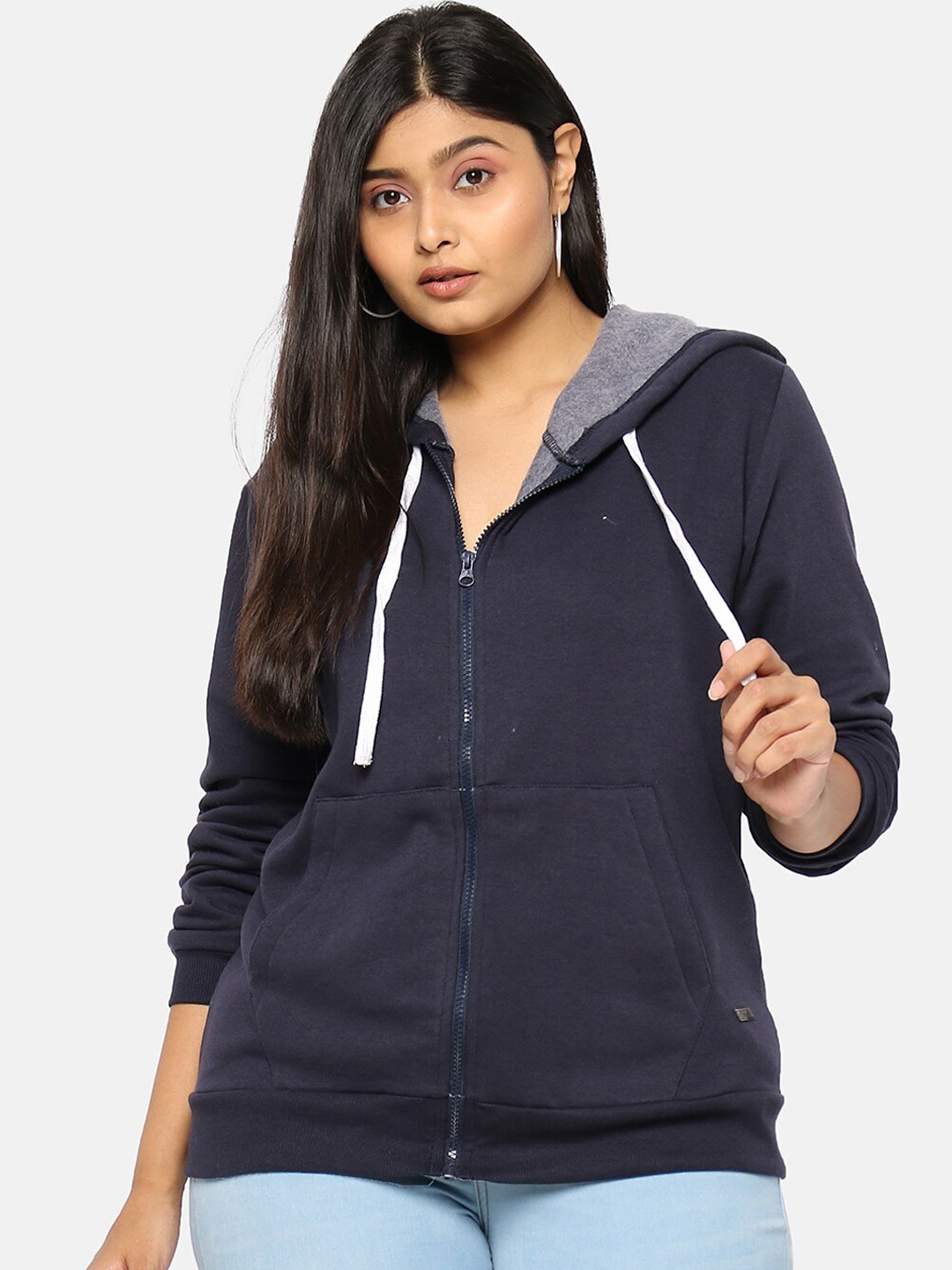 Instafab Plus Women Navy Blue Solid Hooded Sweatshirt