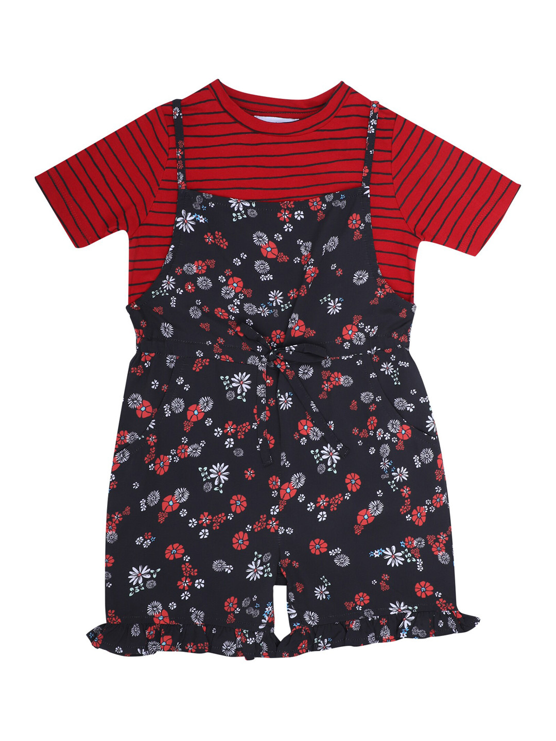 

First Kick Girls Navy Blue & Red Printed Dungaree with T-Shirt