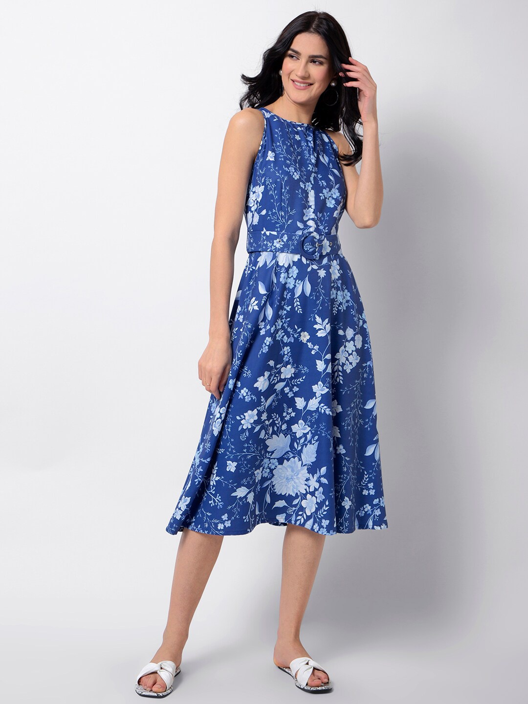 

FabAlley Women Blue Floral Printed Fit and Flare Dress