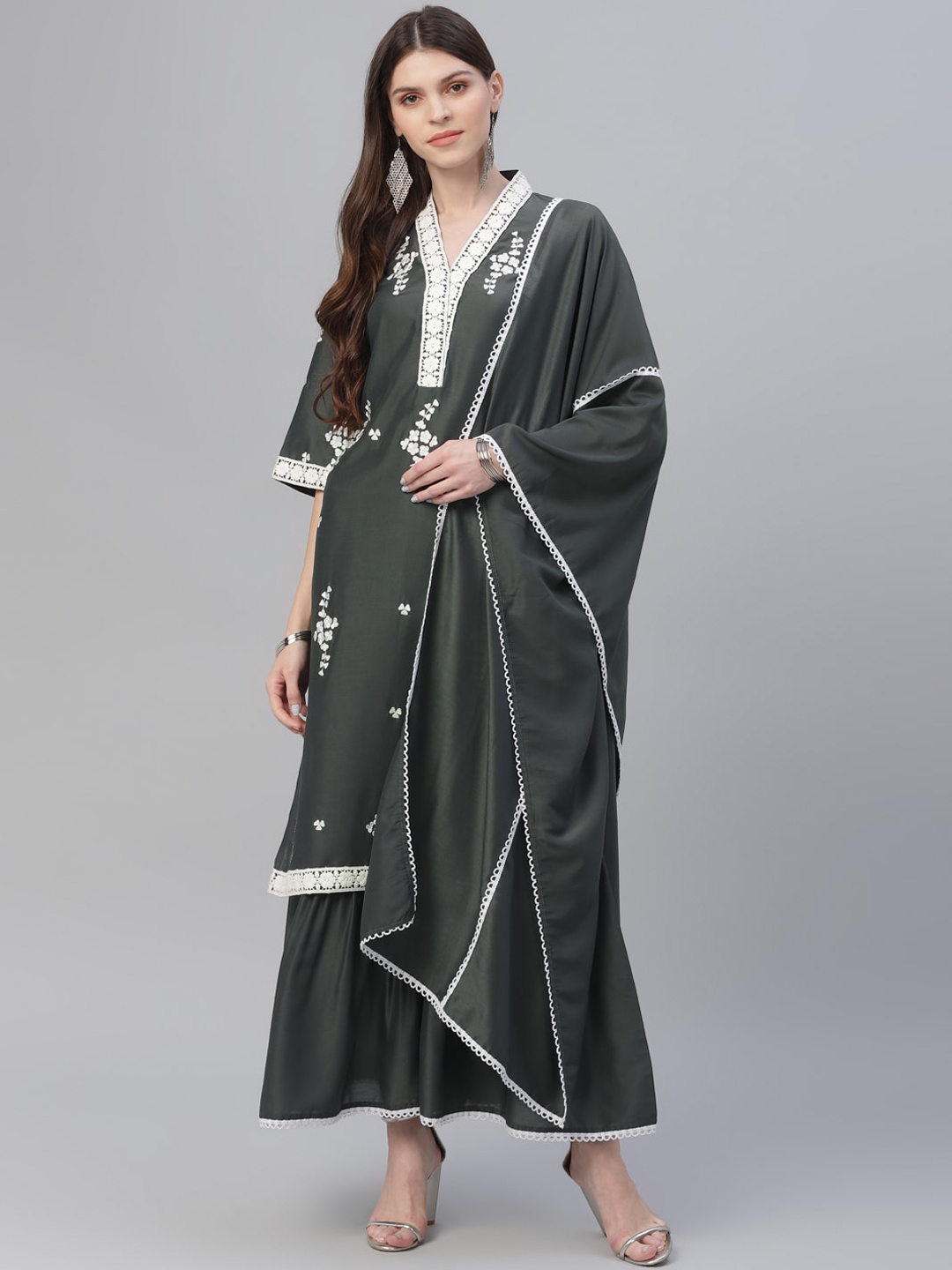 

Libas Women Grey Embroidered Kurta with Sharara & Dupatta