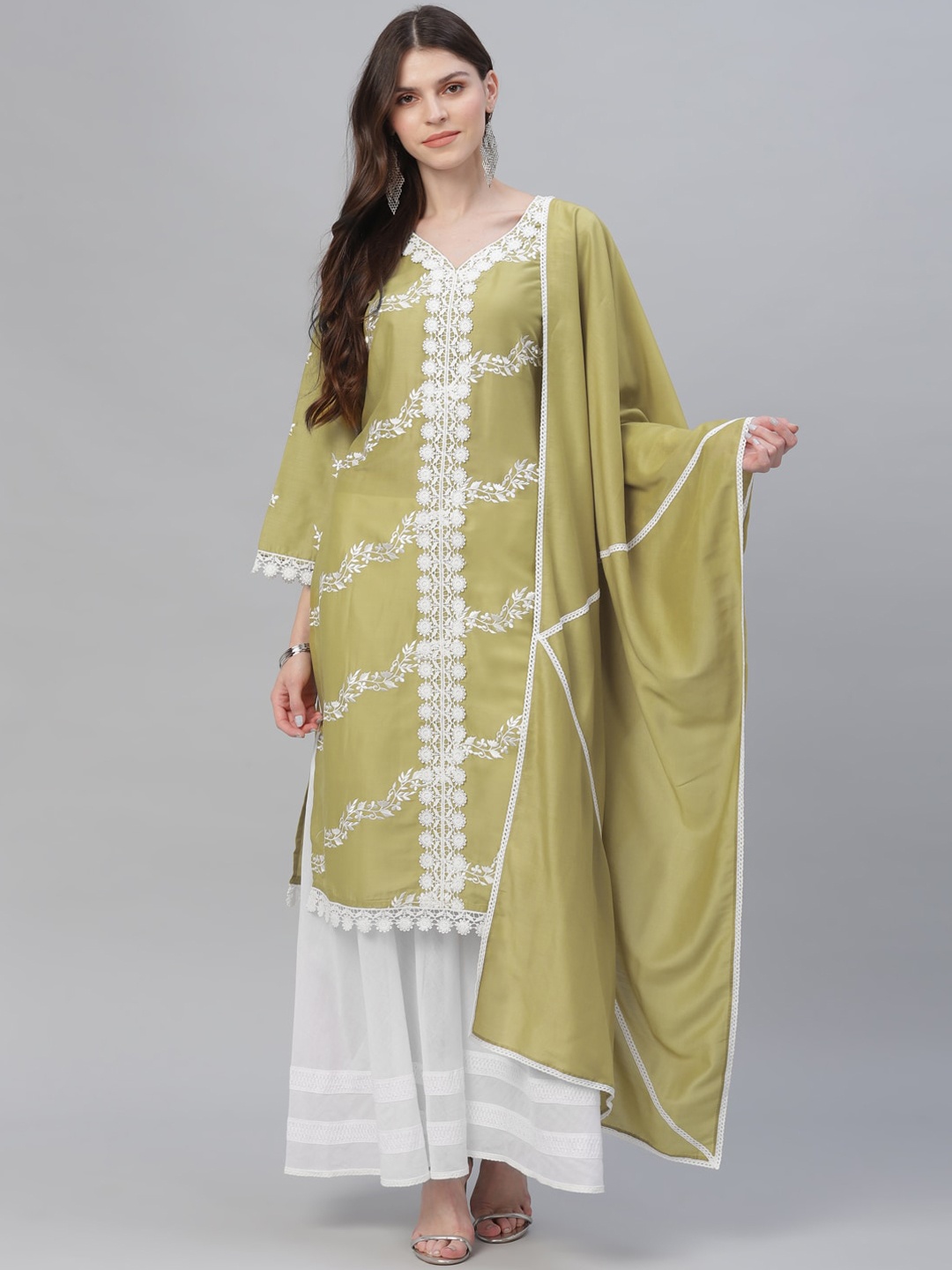 Libas Women Green & White Embroidered Kurta with Sharara & Dupatta
