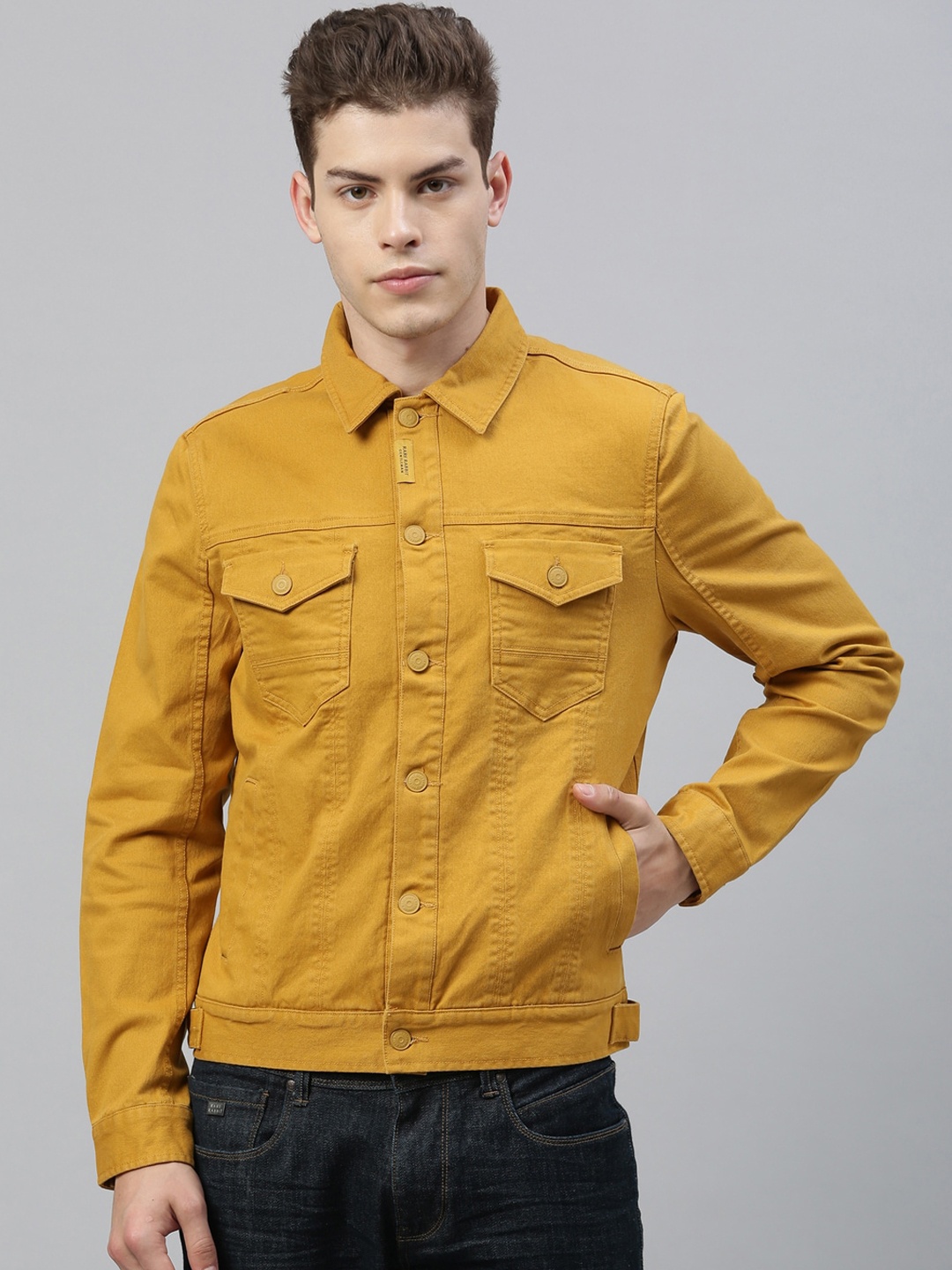 

RARE RABBIT Men Mustard Solid Denim Jacket
