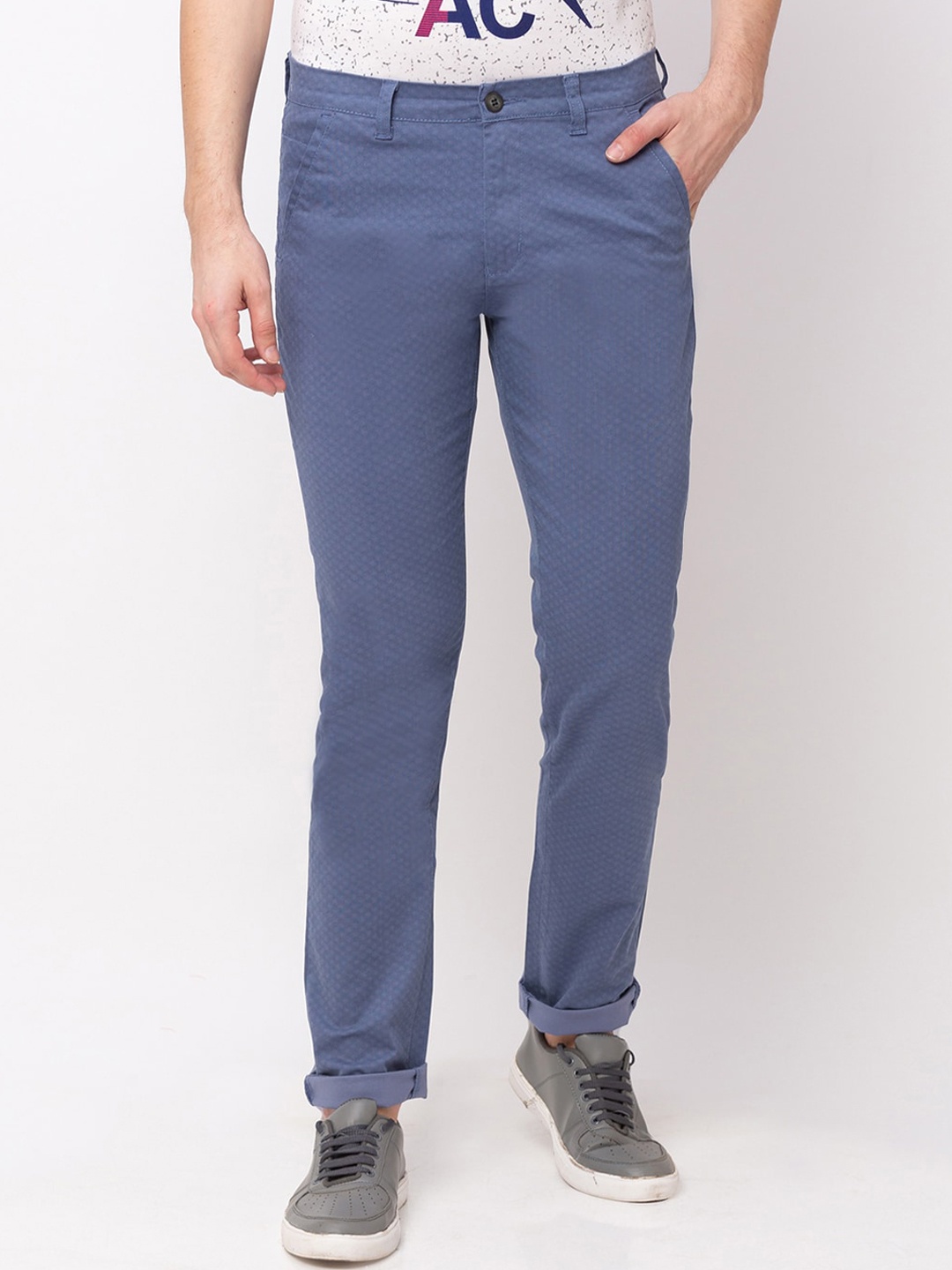 

Globus Men Blue Slim Fit Self Design Regular Trousers