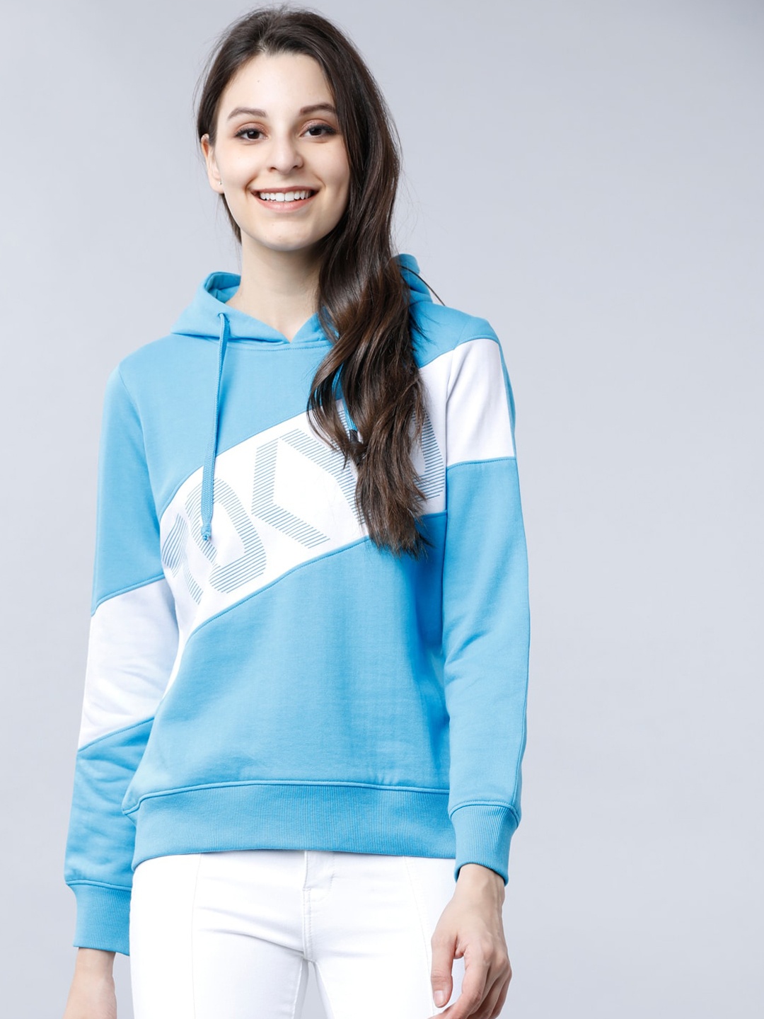 

Tokyo Talkies Women Blue & White Colourblocked Hooded Sweatshirt