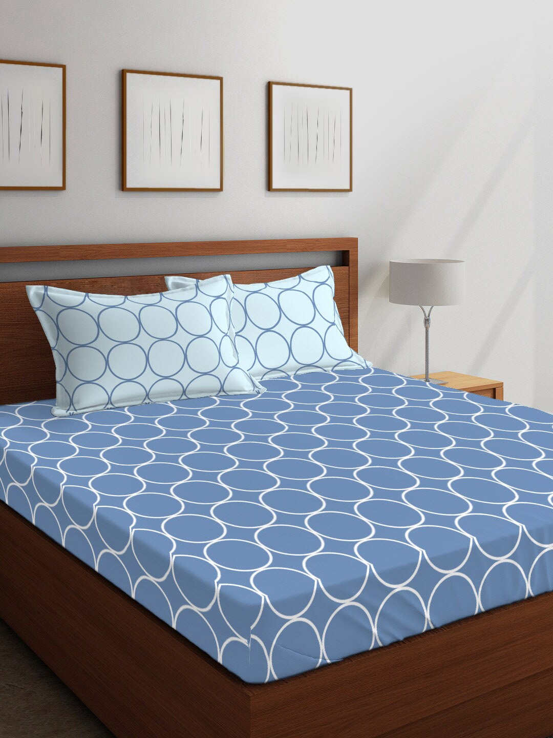 

Layers Blue Geometric 104 TC Cotton 1 Queen Bedsheet with 2 Pillow Covers